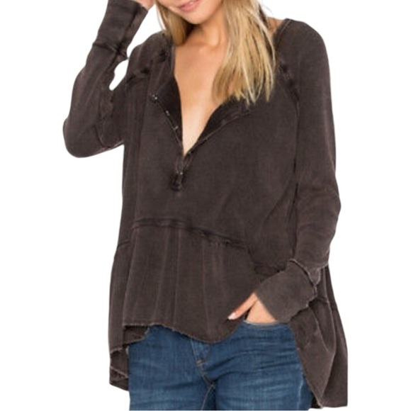 Free People Grunge Henley Thermal Ruffle Peplum Tee Washed Dark Brown Raw Hems M - Picture 7 of 13